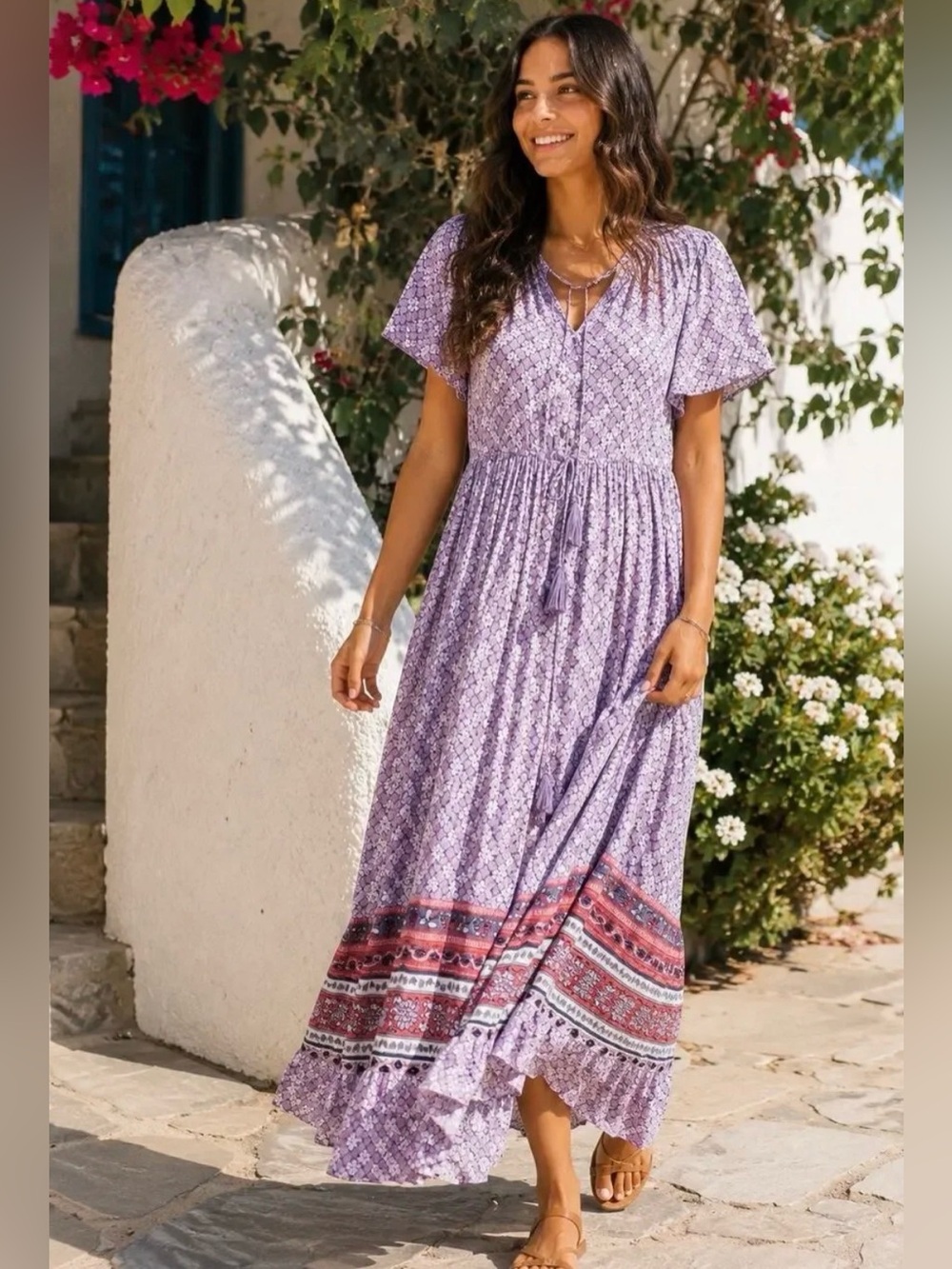 💜 Knox Rose Lilac Haze Floral Boho Tiered Maxi Dress with Tassels 💜